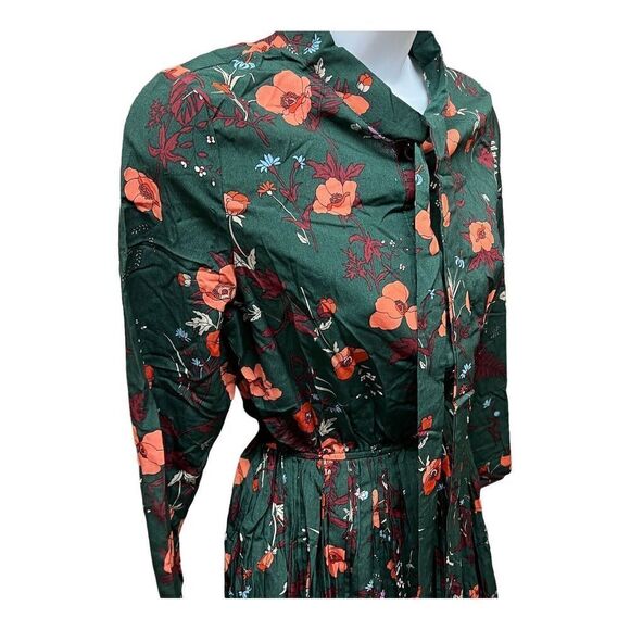 Floral Dress Women’s M Green Modest Long Sleeve Pleated Elastic Waist - Picture 7 of 16
